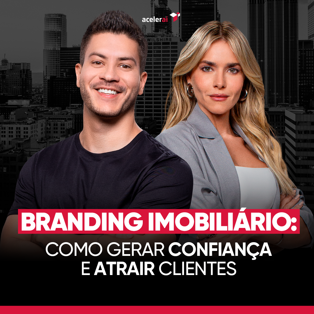 A imagem mostra Arthur Aguiar e Monique Alfradique com o texto "Branding Imobiliário: como gerar confiança e atrair clientes" e um fundo com baixa opacidade de uma cidade